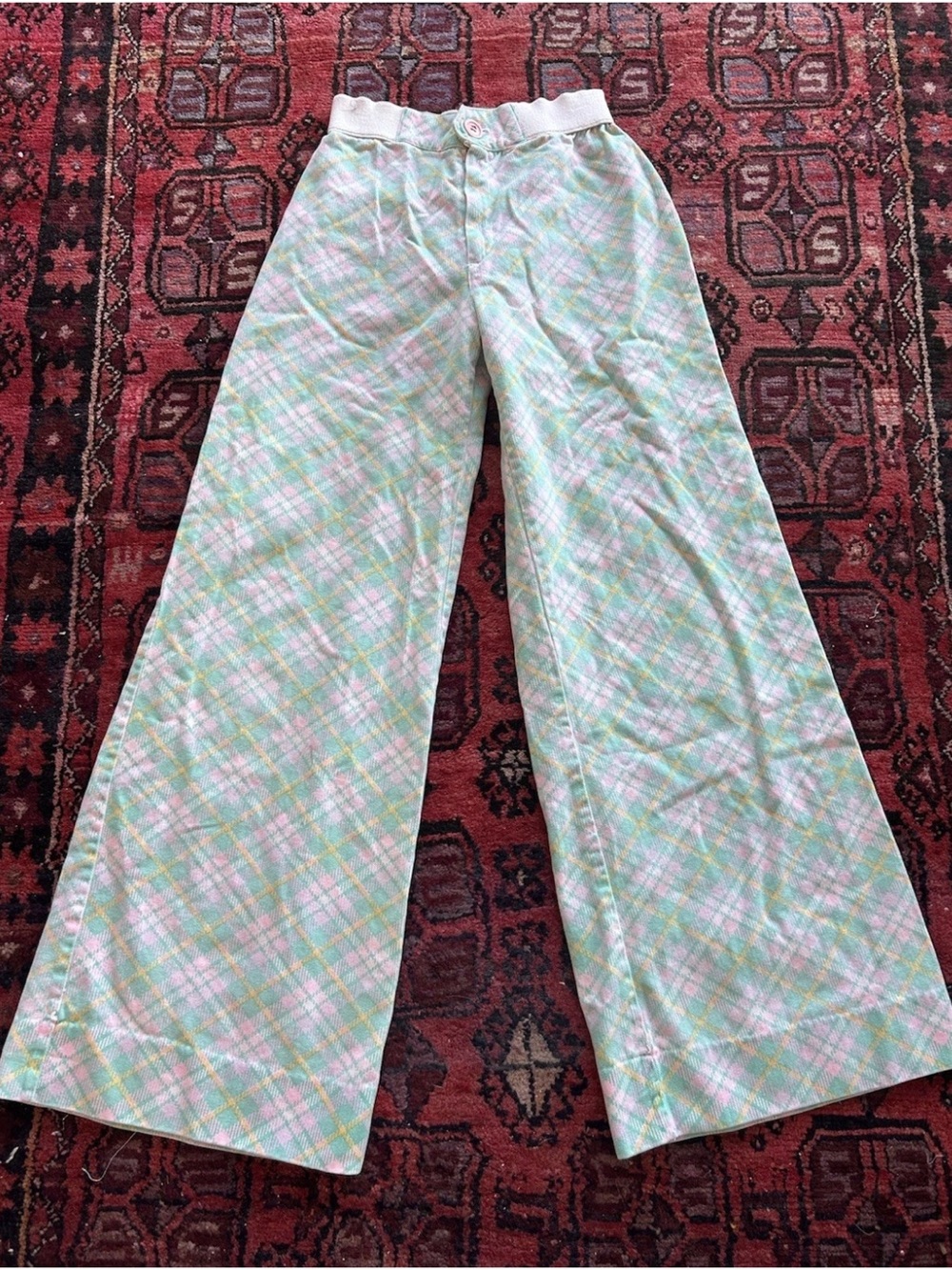 Vintage 70s Pastel Plaid Wide Leg Pants XS Union Made High Rise Festival READ